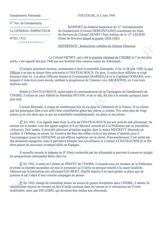 Rapport général Inspecteur gendarmerie du 2 juin 1945 - page 1