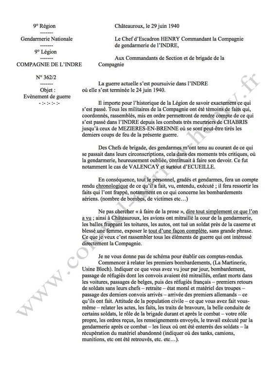 Ordres aux brigades - mémoires de la gendarmerie de l'Indre - juin 1940 - page 1